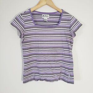 N.Y.L. Womens Striped Short‎ Sleeve Purple White Shirt Size S Cotton Y2K Casual